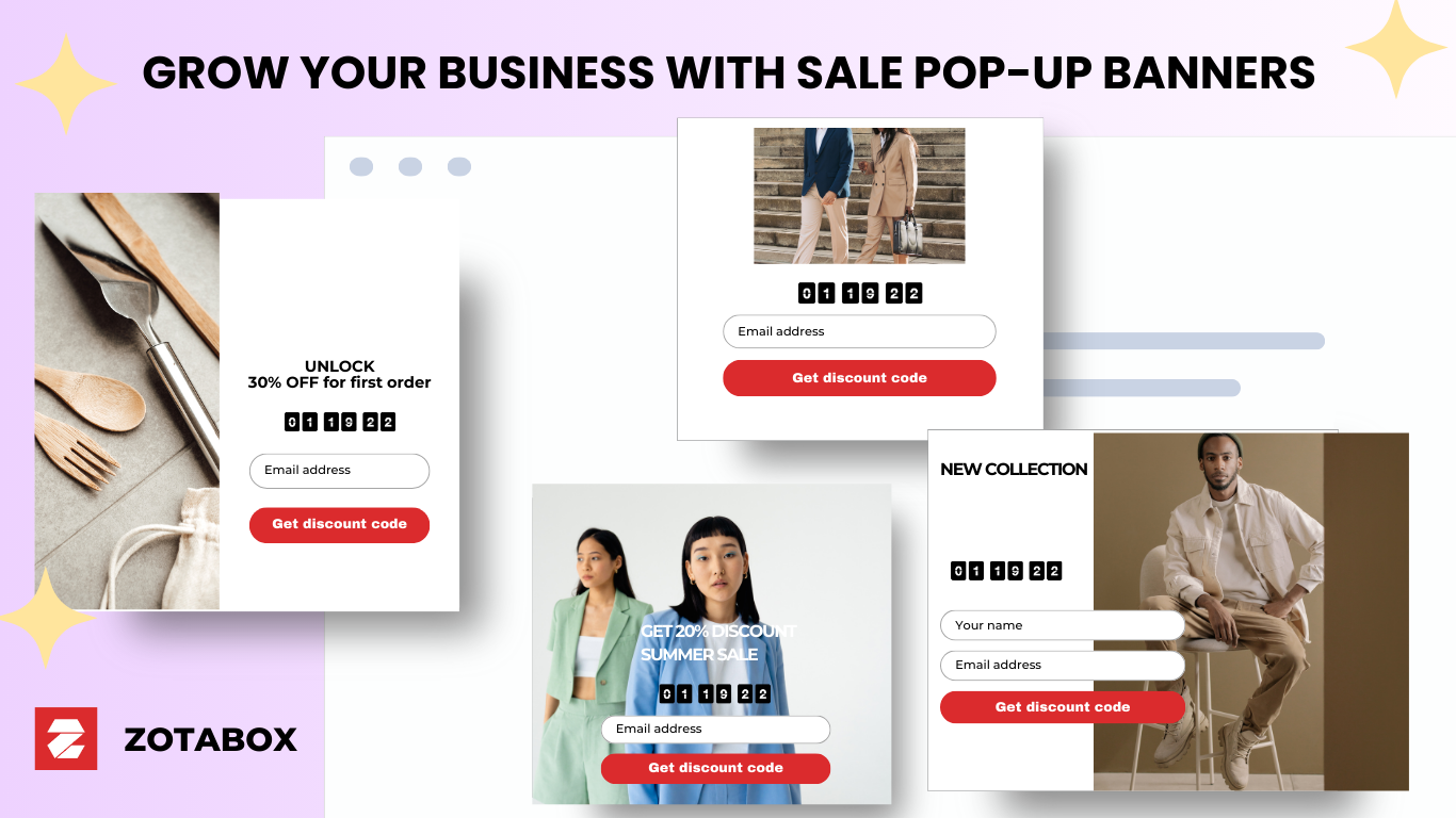 Customizable sale pop-up banners for eCommerce websites by Zotabox, offering discounts and capturing customer emails to boost sales.